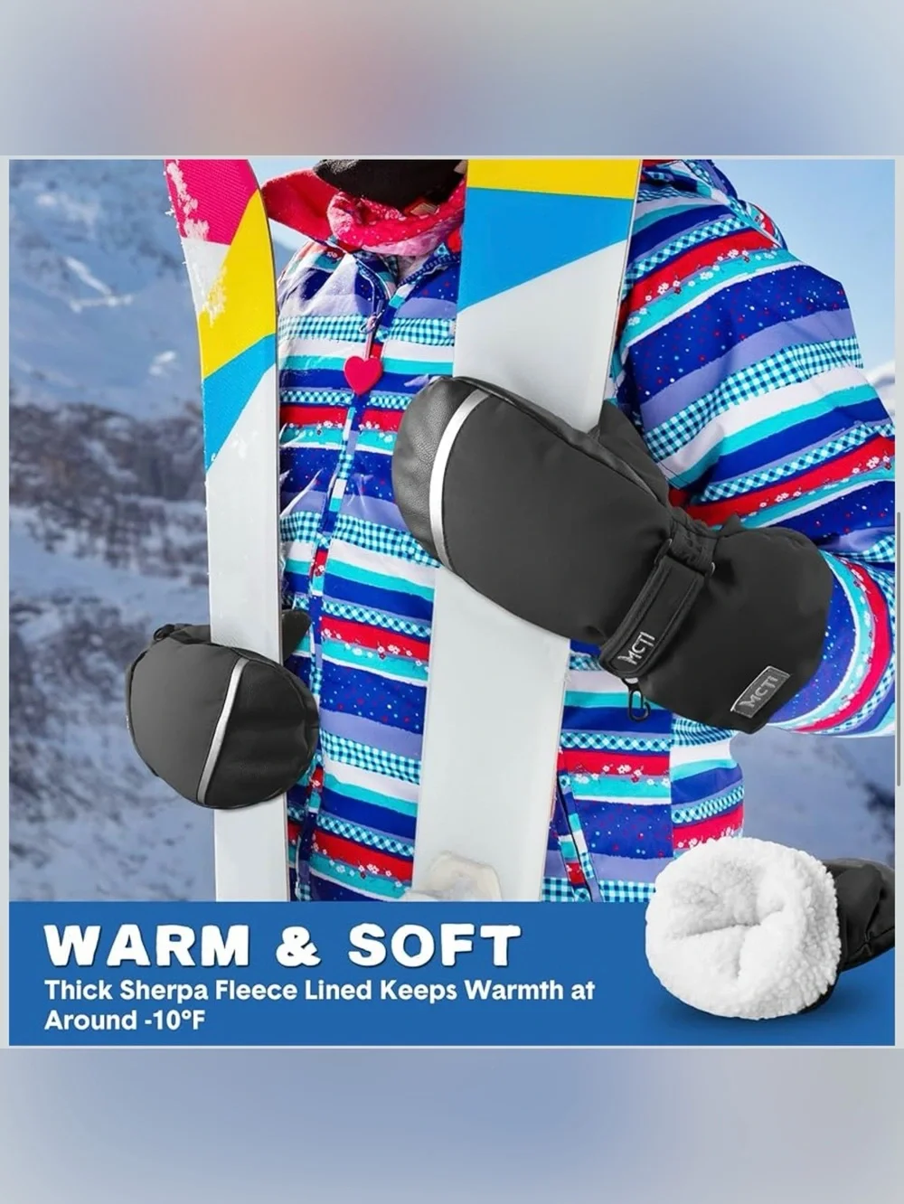 MCTi Kids Size XS Black Waterproof Mittens Ski Warm Sherpa Lined W/String. New
